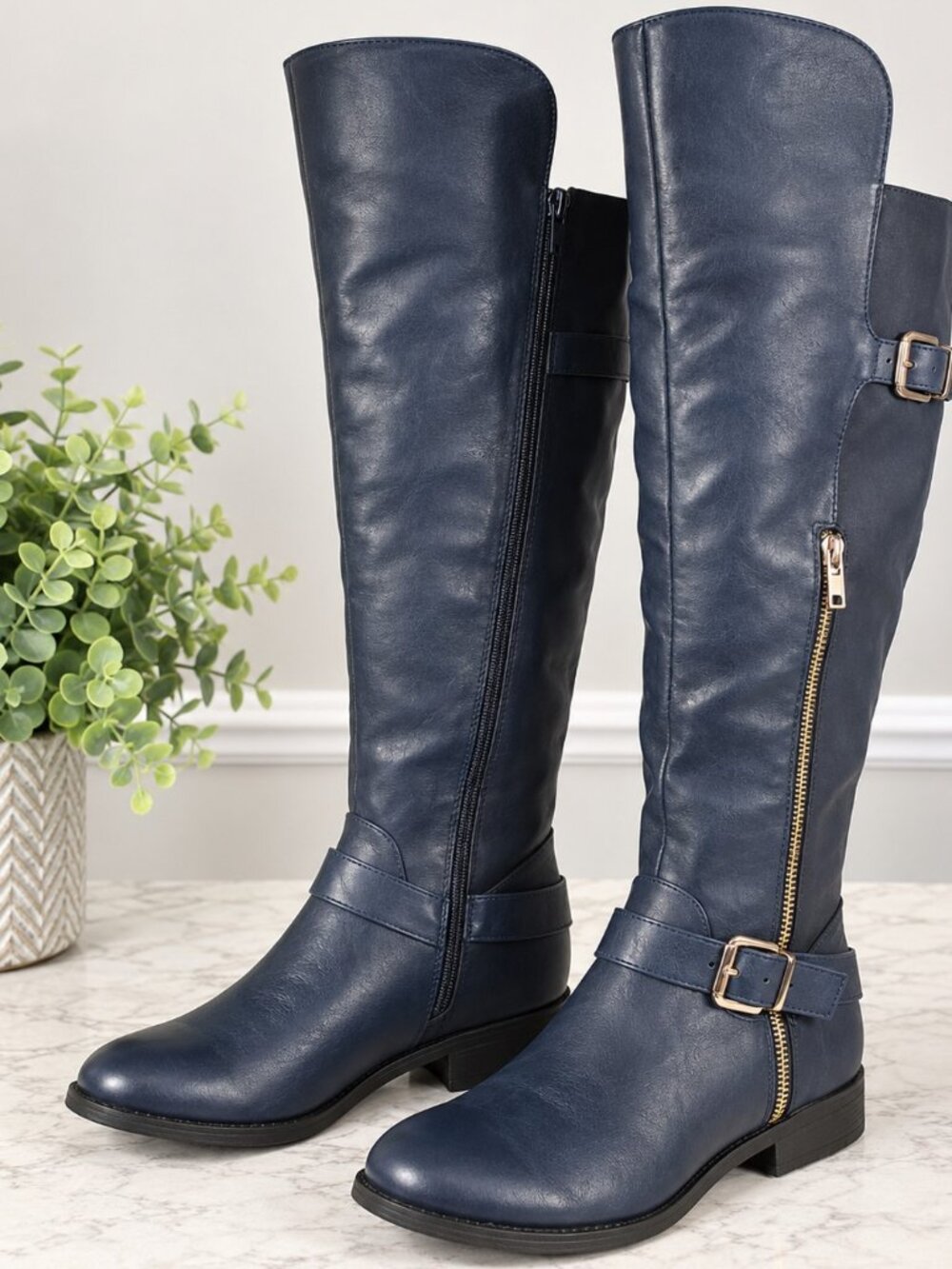 ShoeDazzle Navy Blue Over the Knee Riding Boots Buckle Zip Women’s Size 9.5 NWOT